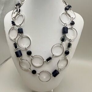 Modern Silver and Black and Dark Blue Goldstone Geometric Necklace